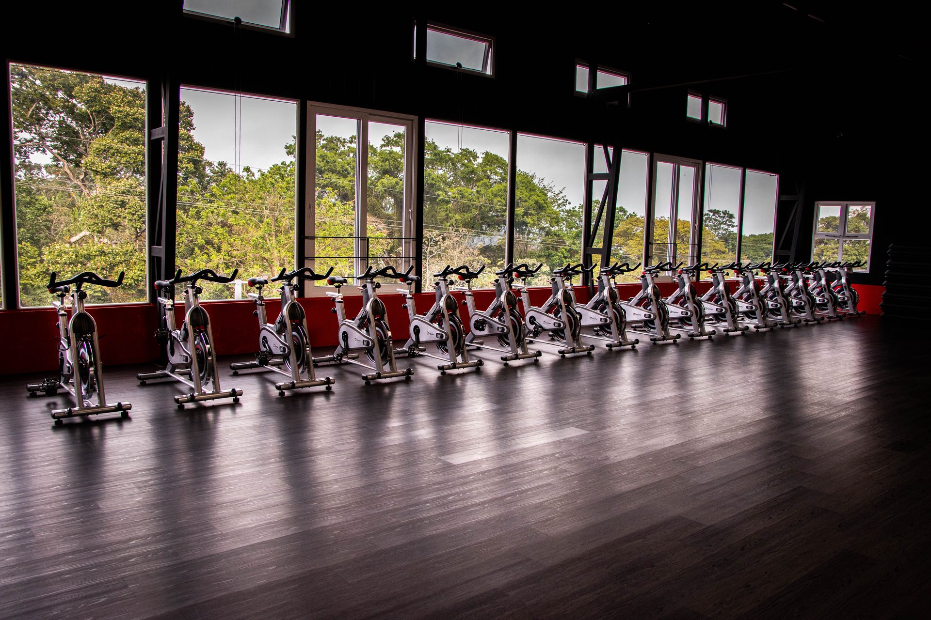 Salón de clases grupales con pelotas y steps